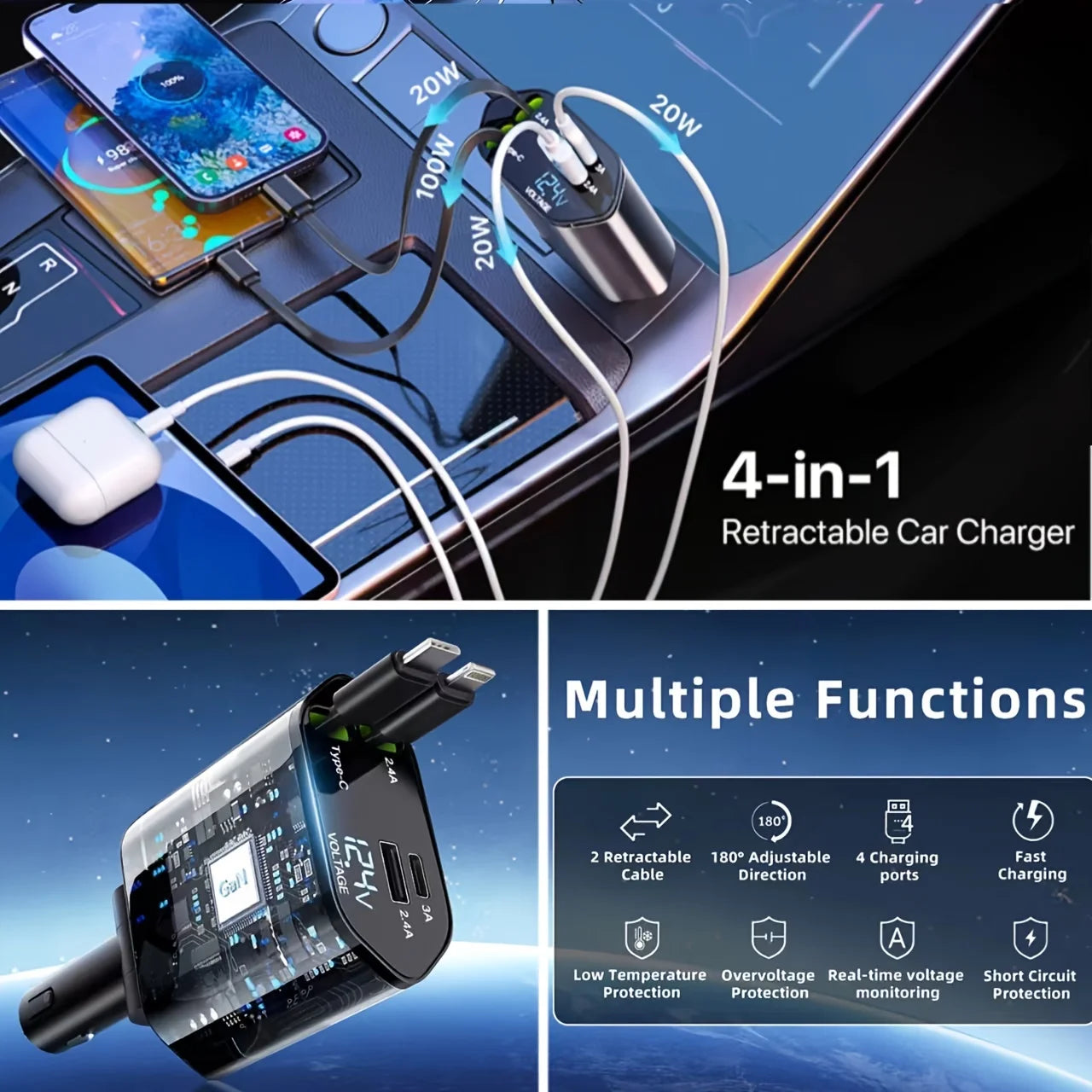 4 IN 1 120W Retractable Car Charger USB Type C Cable For IPhone Huawei Samsung Fast Charge Cord Cigarette Lighter Adapter