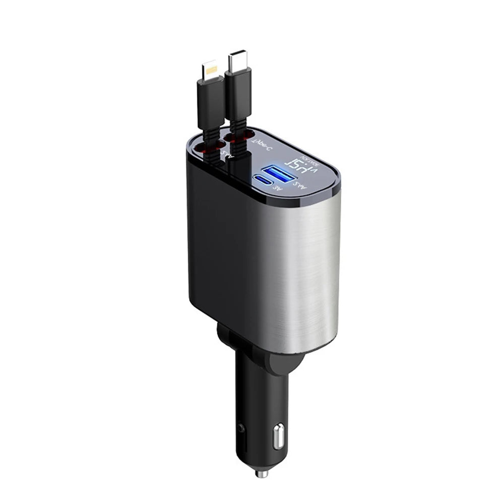 4 IN 1 120W Retractable Car Charger USB Type C Cable For IPhone Huawei Samsung Fast Charge Cord Cigarette Lighter Adapter