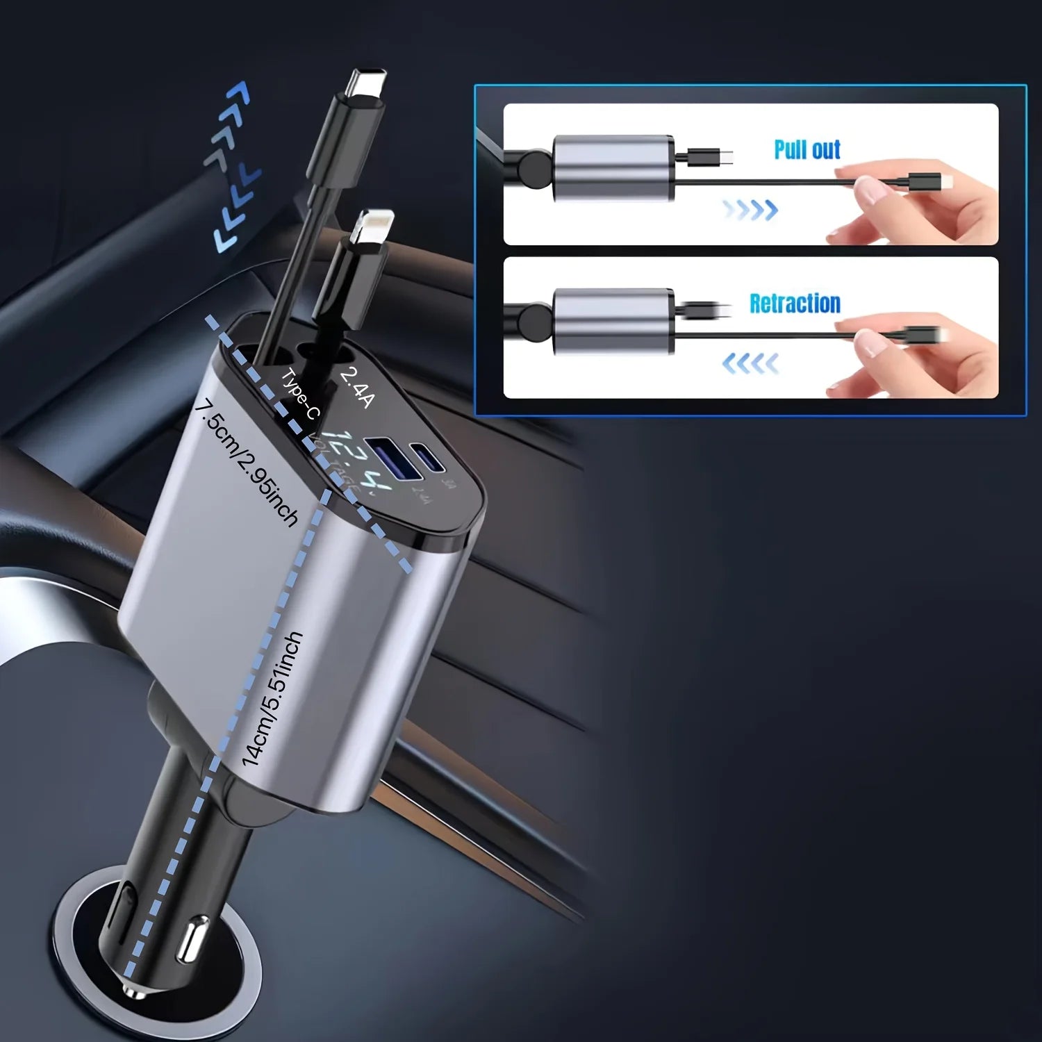 4 IN 1 120W Retractable Car Charger USB Type C Cable For IPhone Huawei Samsung Fast Charge Cord Cigarette Lighter Adapter