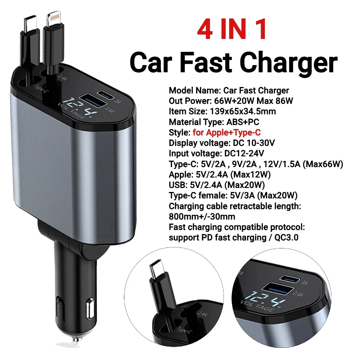4 IN 1 120W Retractable Car Charger USB Type C Cable For IPhone Huawei Samsung Fast Charge Cord Cigarette Lighter Adapter