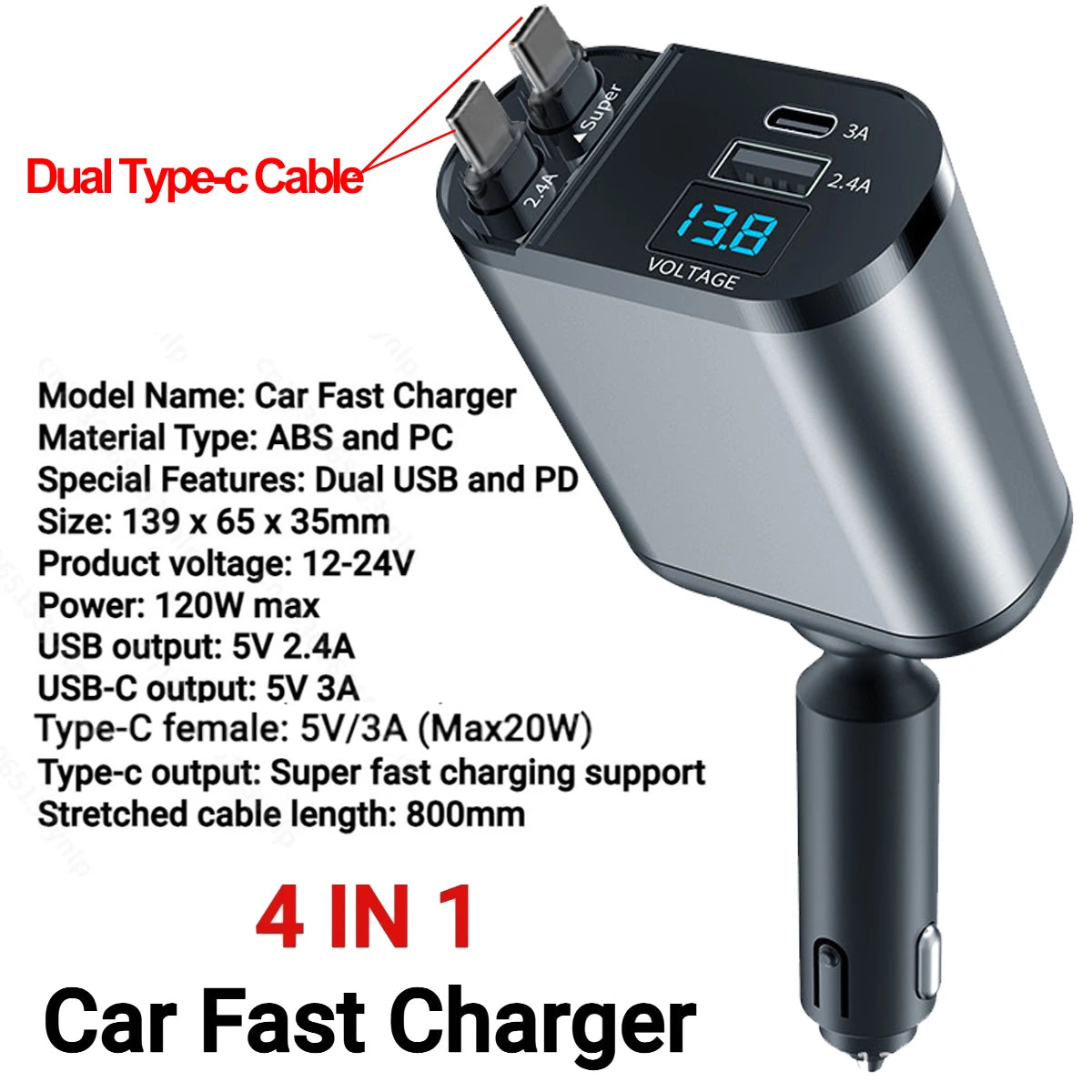 4 IN 1 120W Retractable Car Charger USB Type C Cable For IPhone Huawei Samsung Fast Charge Cord Cigarette Lighter Adapter