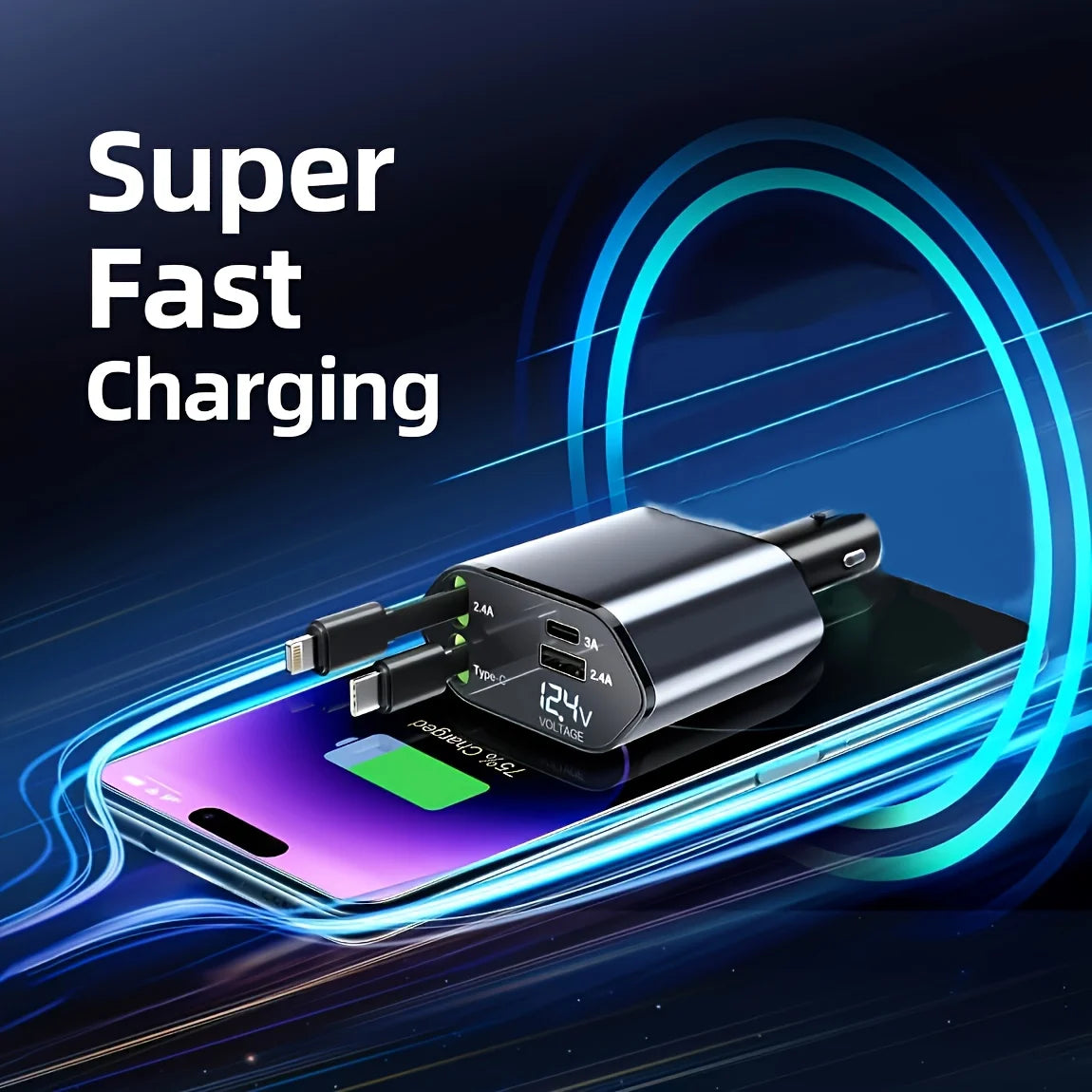 4 IN 1 120W Retractable Car Charger USB Type C Cable For IPhone Huawei Samsung Fast Charge Cord Cigarette Lighter Adapter