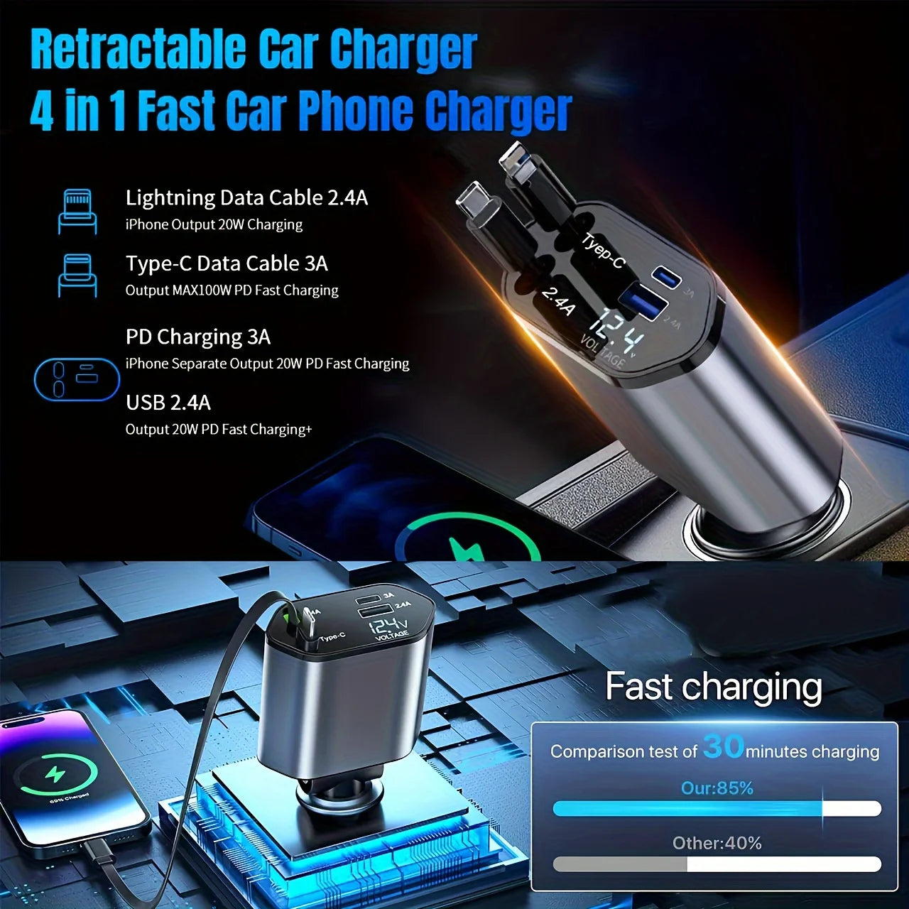 4 IN 1 120W Retractable Car Charger USB Type C Cable For IPhone Huawei Samsung Fast Charge Cord Cigarette Lighter Adapter