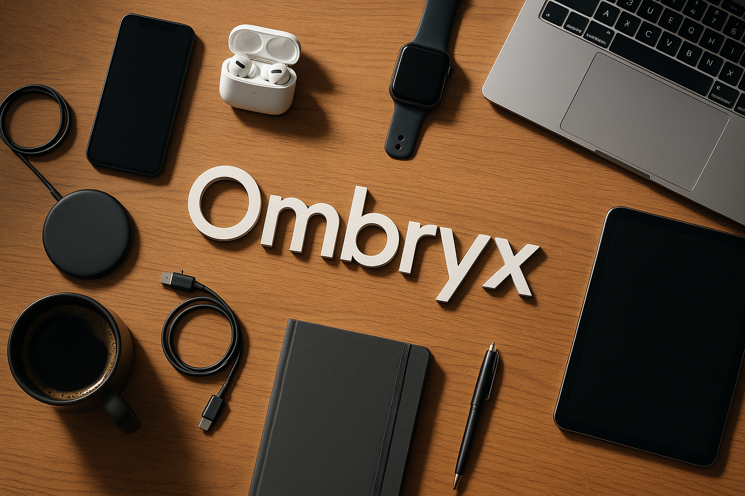 make me an image of the name Ombryx in the middle and put tech and other products sorronding it and make it look real and everything on a table